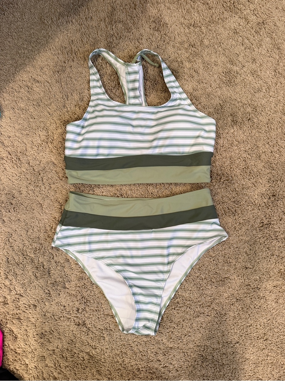 Striped Olive High-Waist Bikini Set